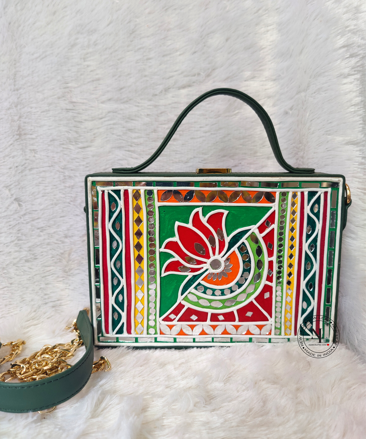 Green Lotus Lippan Art Handcrafted Rectangle Box Bag