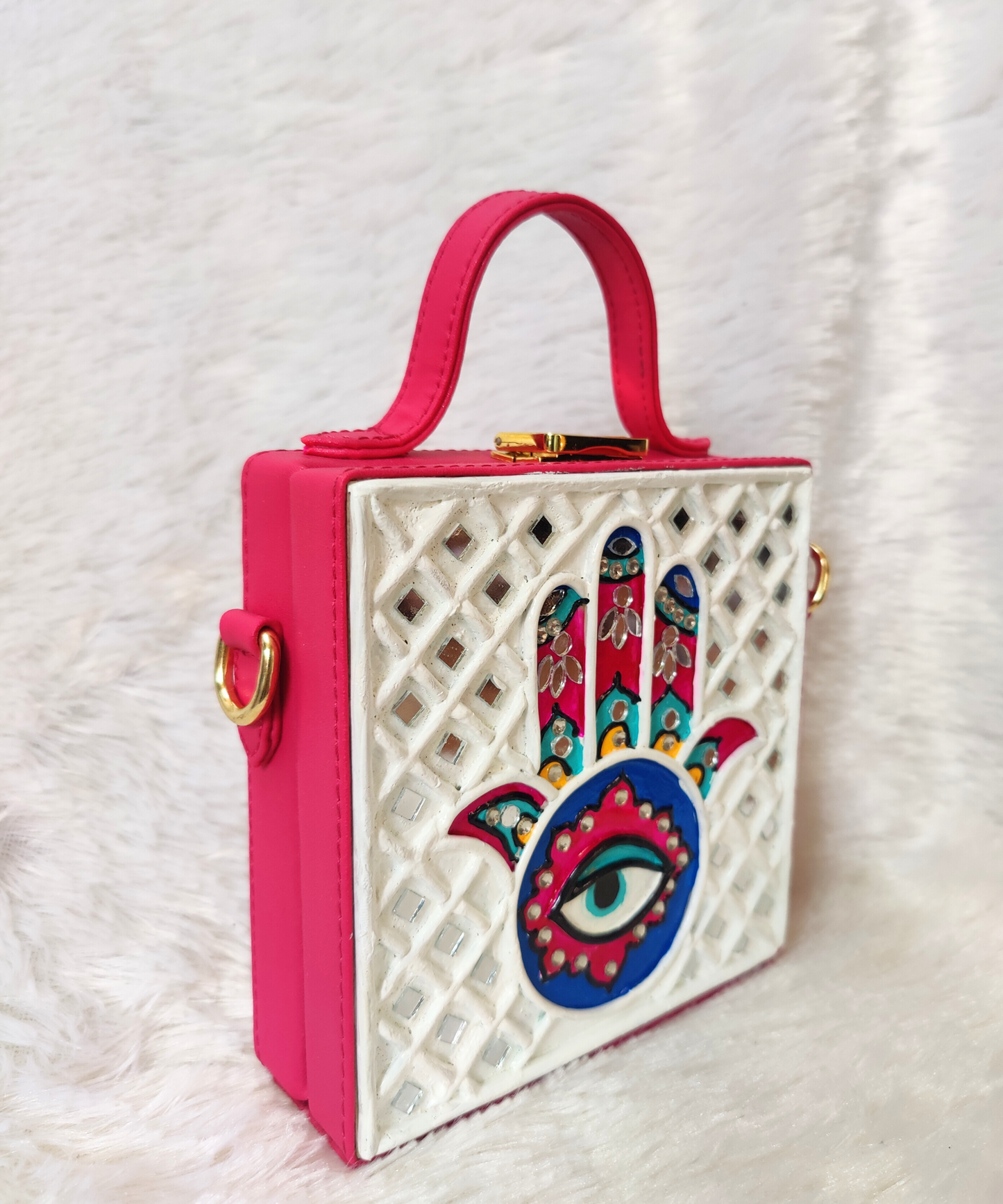 Mini Hamsa Lippan Art Handcrafted Square Box Bag