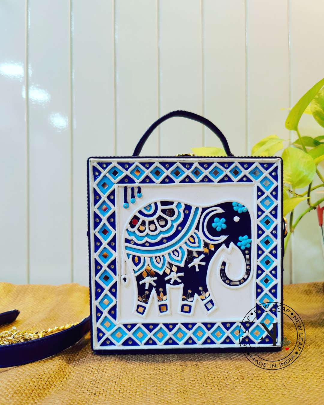 Elephant Lippan Art Handcrafted Square Box Bag