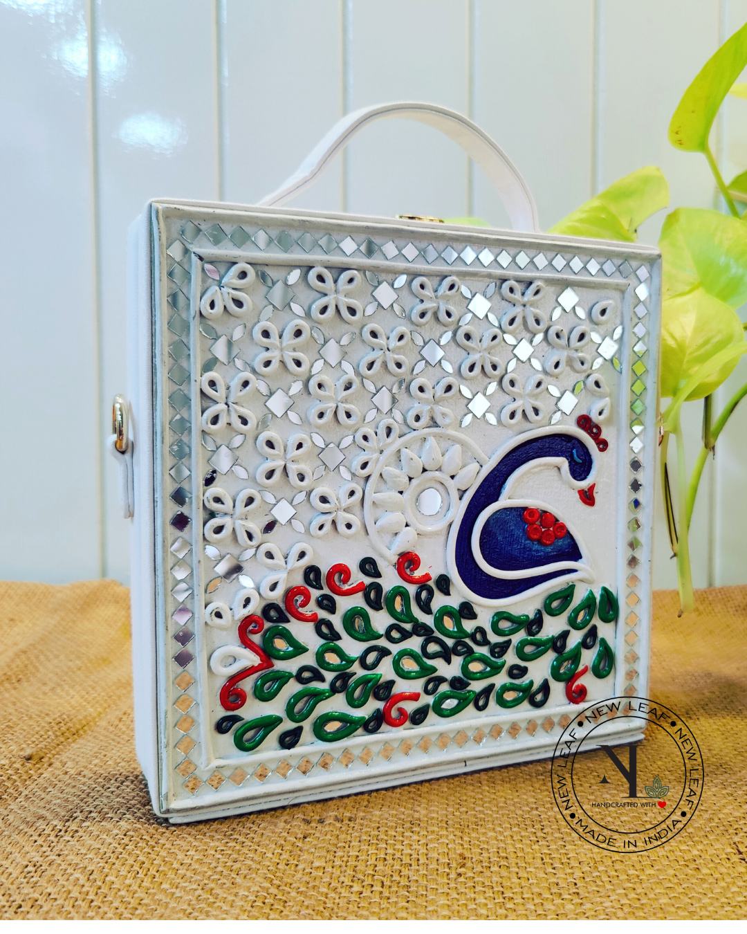 Peacock Lippan Art Handcrafted Square Box Bag