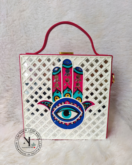 Hamsa Square Lippan Art Handcrafted Box Bag