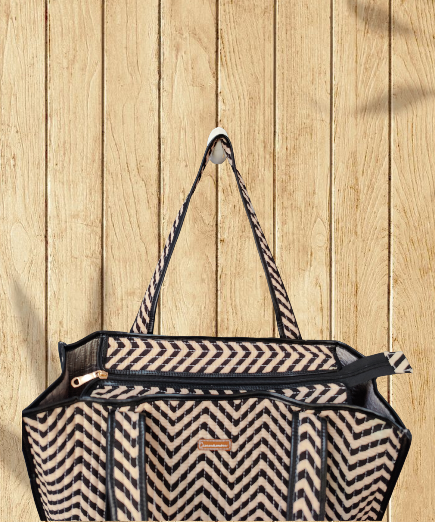 Zig Zag Stripes Cotton Quilted Tote Bag with zipper