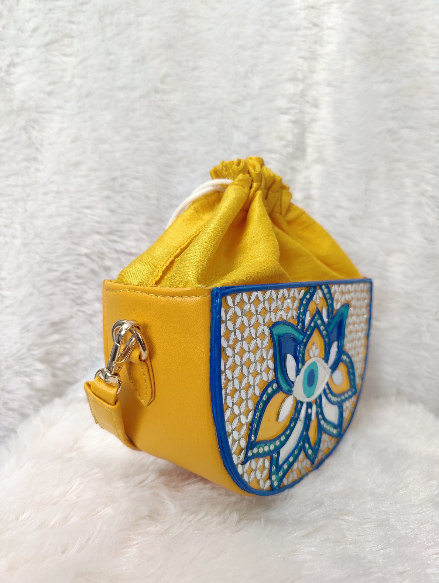 Evil Eye Semi Circle Lippan Art Handcrafted Potli Bag with Sling