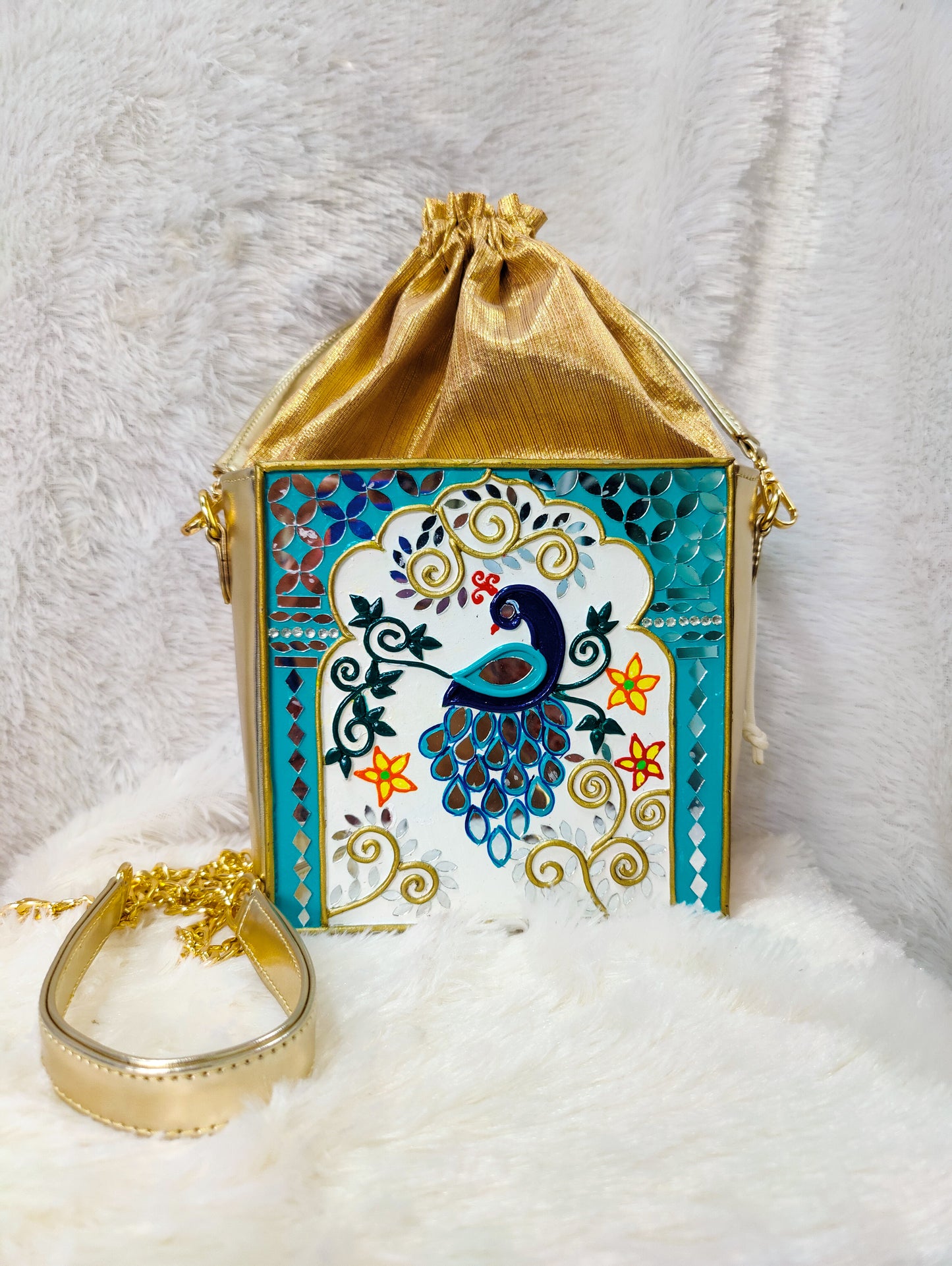 Peacock Lippan Art Box Bag with Potli and Sling