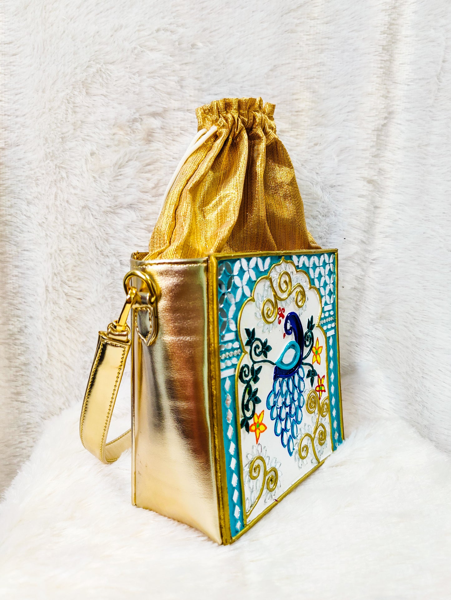Peacock Lippan Art Box Bag with Potli and Sling