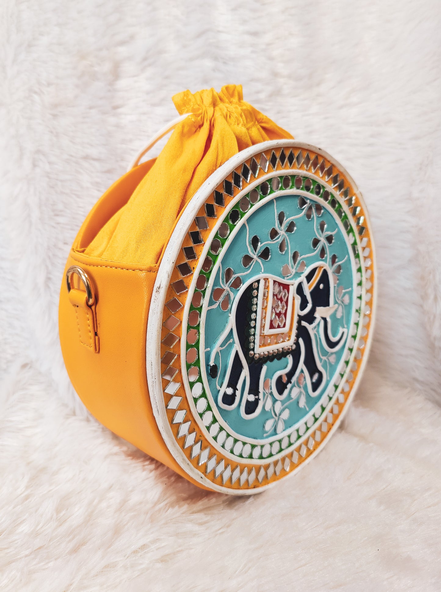 Indie Elephant Lippan Art Handcrafted Potli Bag with Sling