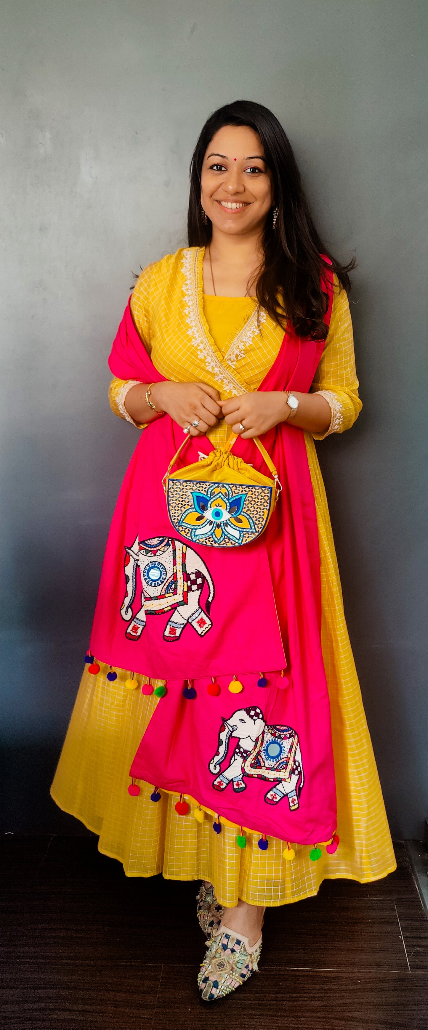 Evil Eye Semi Circle Lippan Art Handcrafted Potli Bag with Sling