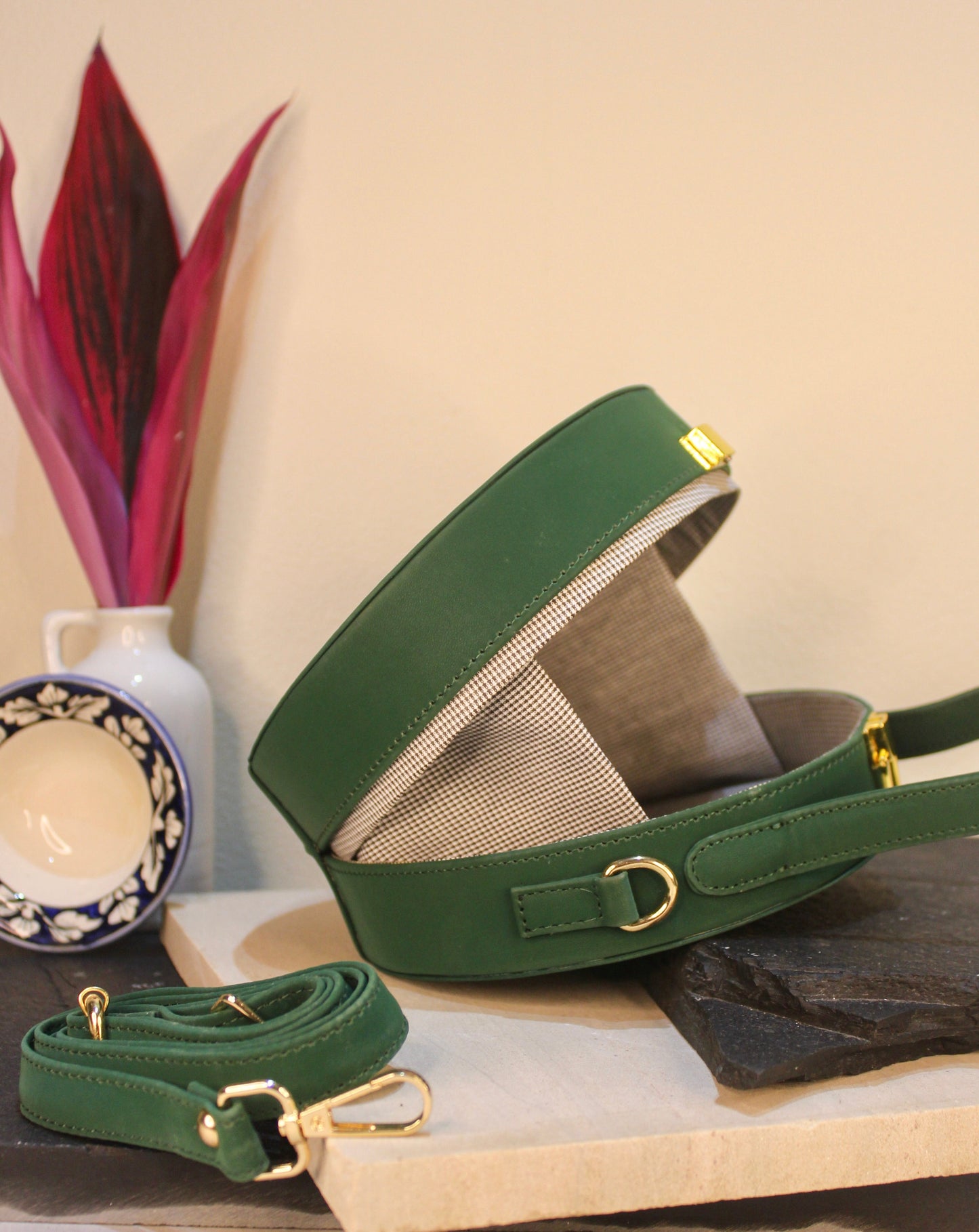 Paan- Moss Green Hand-painted Circle Box Bag / Sling