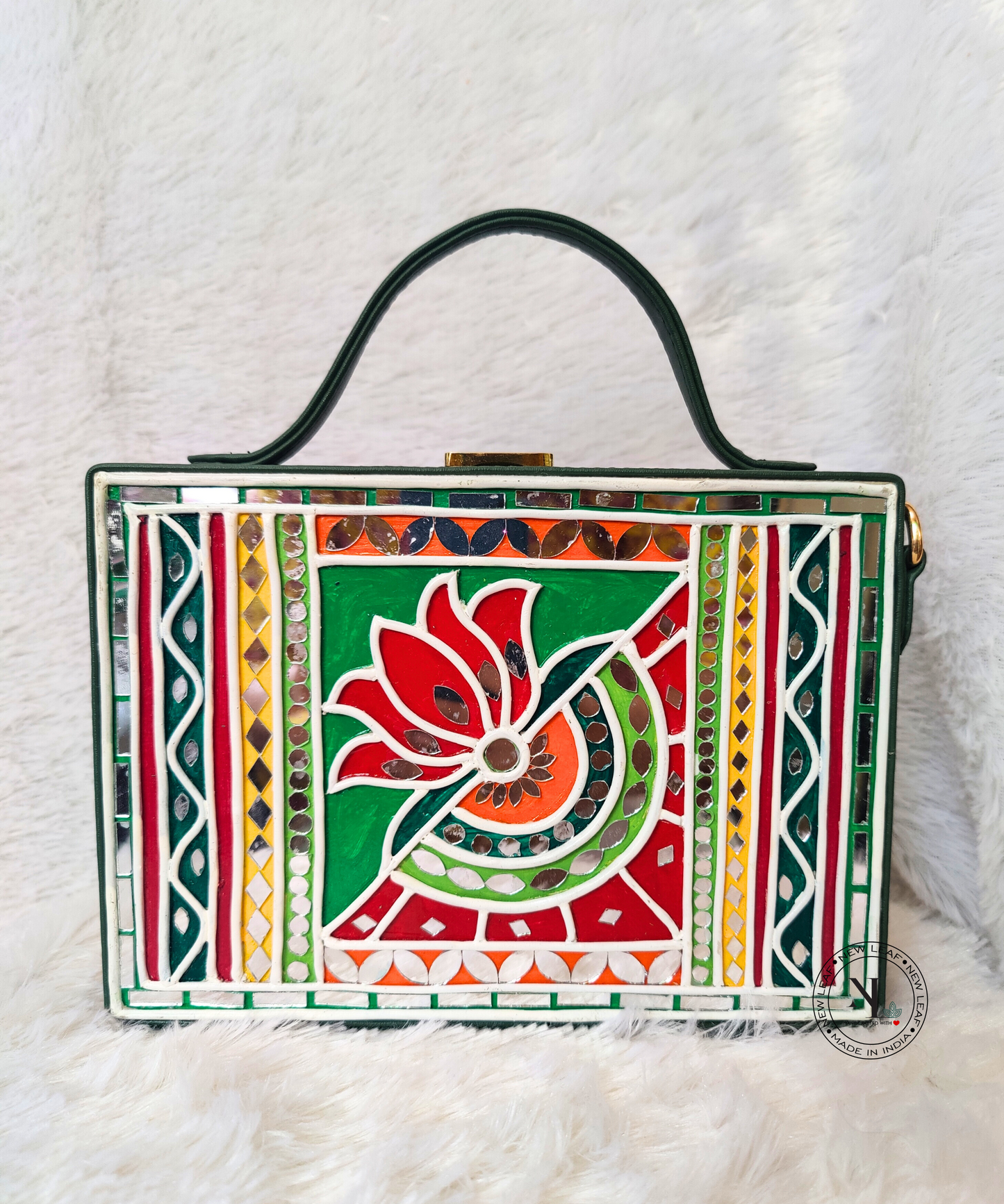 Green Lotus Lippan Art Handcrafted Rectangle Box Bag