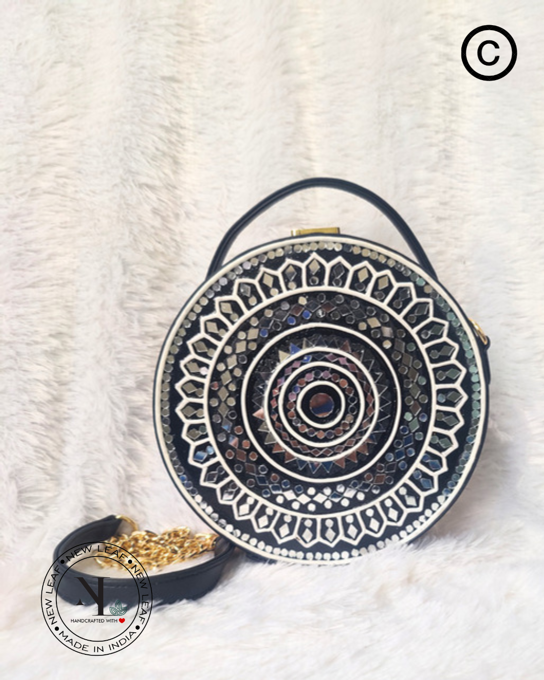 Mandala Lippan Art Black Handcrafted Circle Box Bag