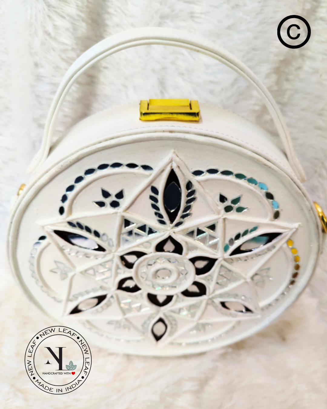 White Geometric Lippan Art  Handcrafted Circle Box Bag