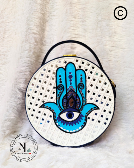 Hamsa Lippan Art Blue Handcrafted Circle Box Bag
