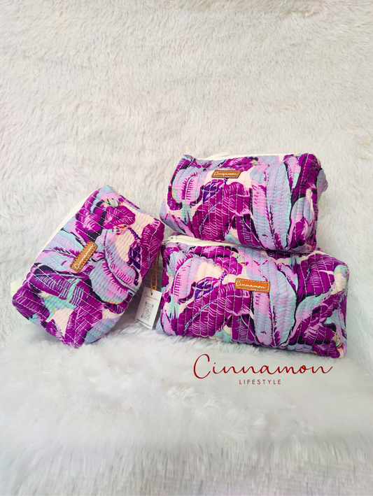 Purple Leaves Cotton Quilted Pouches - Set of 3