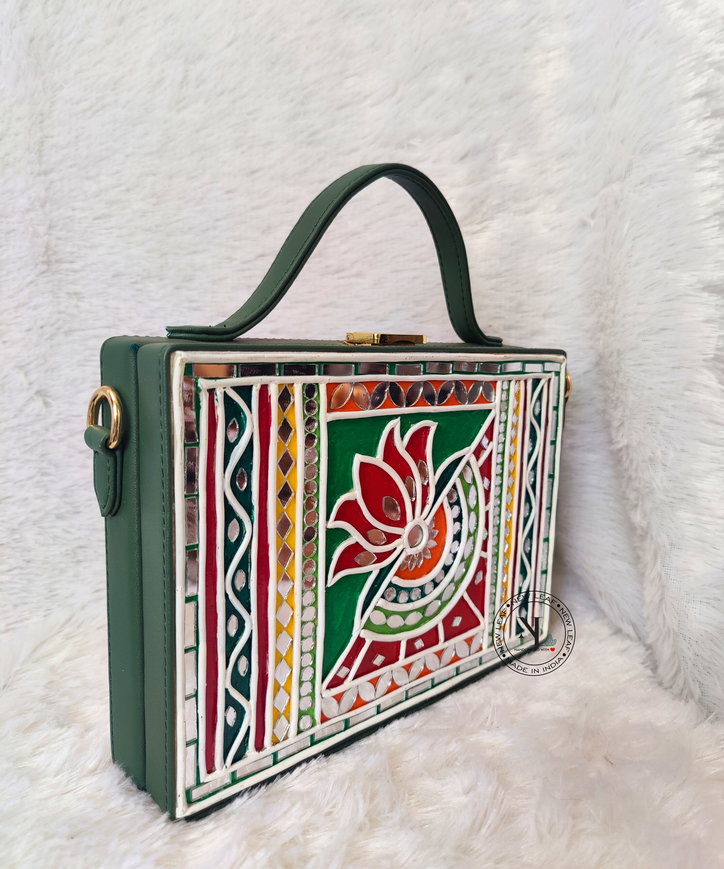 Green Lotus Lippan Art Handcrafted Rectangle Box Bag