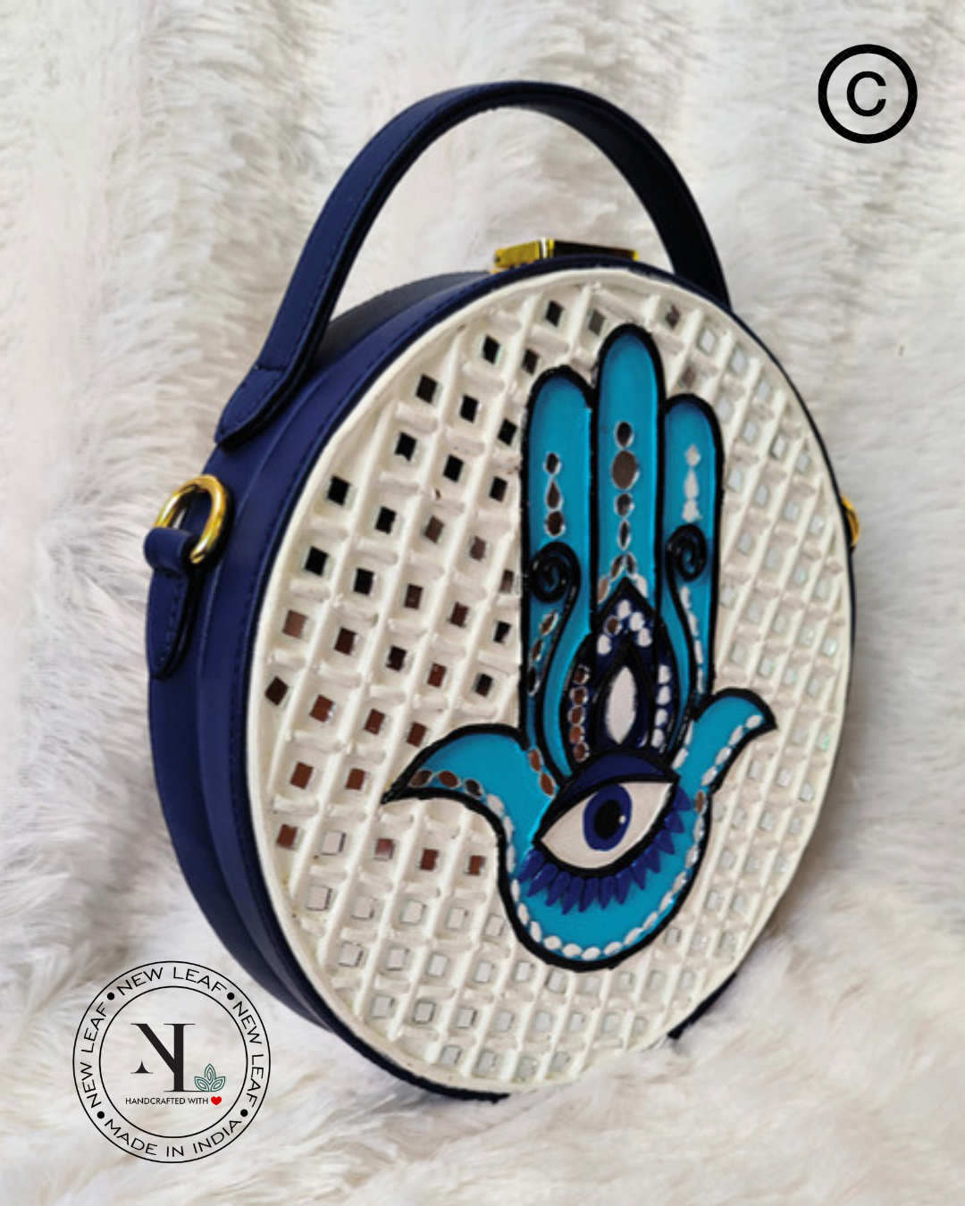 Hamsa Lippan Art Blue Handcrafted Circle Box Bag