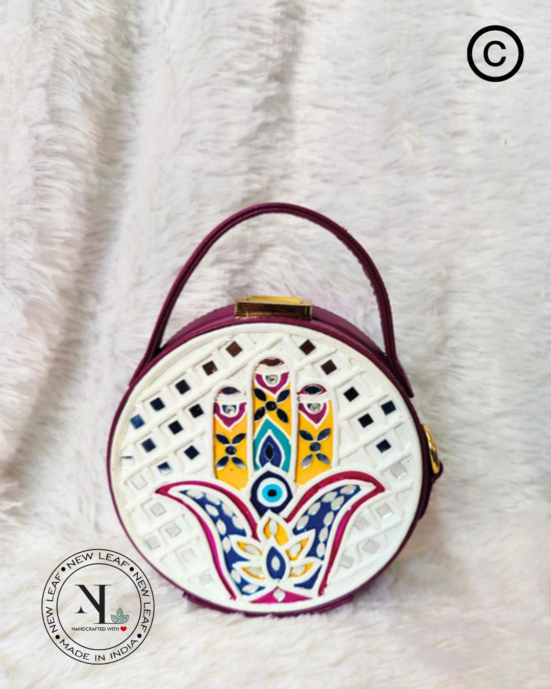 Mini Hamsa Lippan Art Purple Handcrafted Circle Box Bag