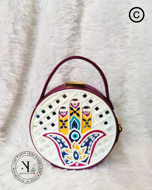 Mini Hamsa Lippan Art Purple Handcrafted Circle Box Bag