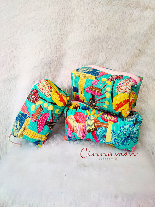 Blue Mushrooms Cotton Quilted Pouches - Set of 3