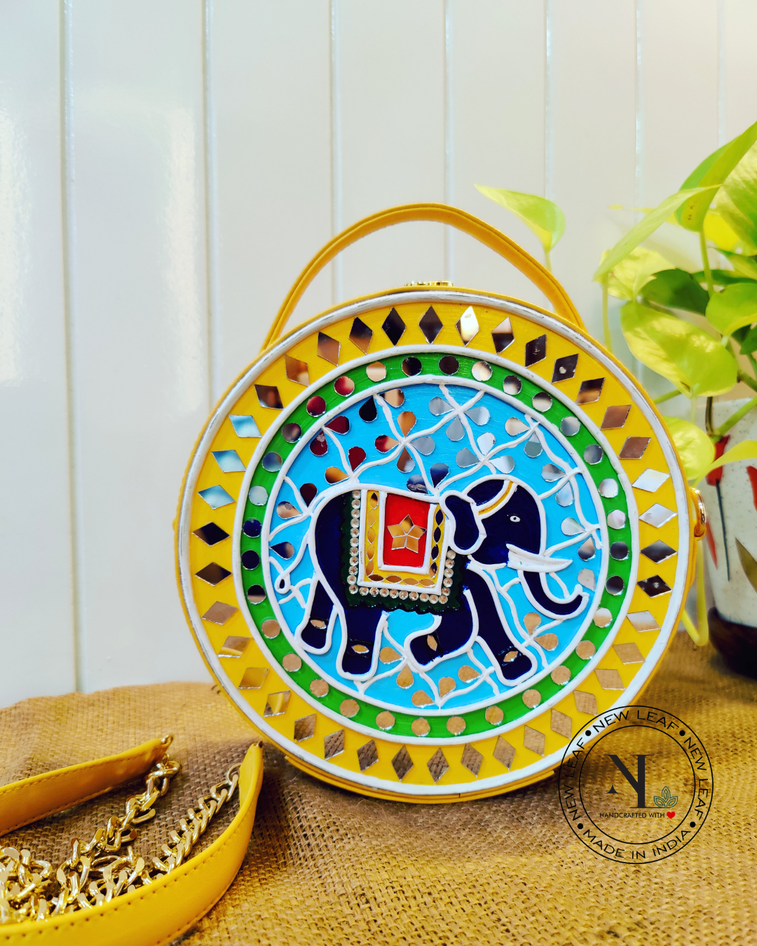 Elephant Lippan Art Handcrafted Circle Box Bag