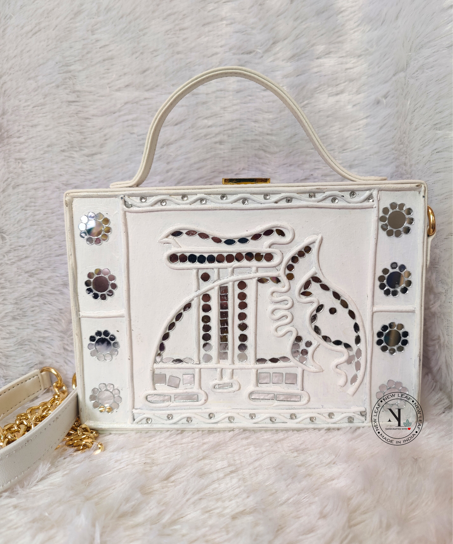 Elephant White Lippan Art Handcrafted Rectangle Box Bag