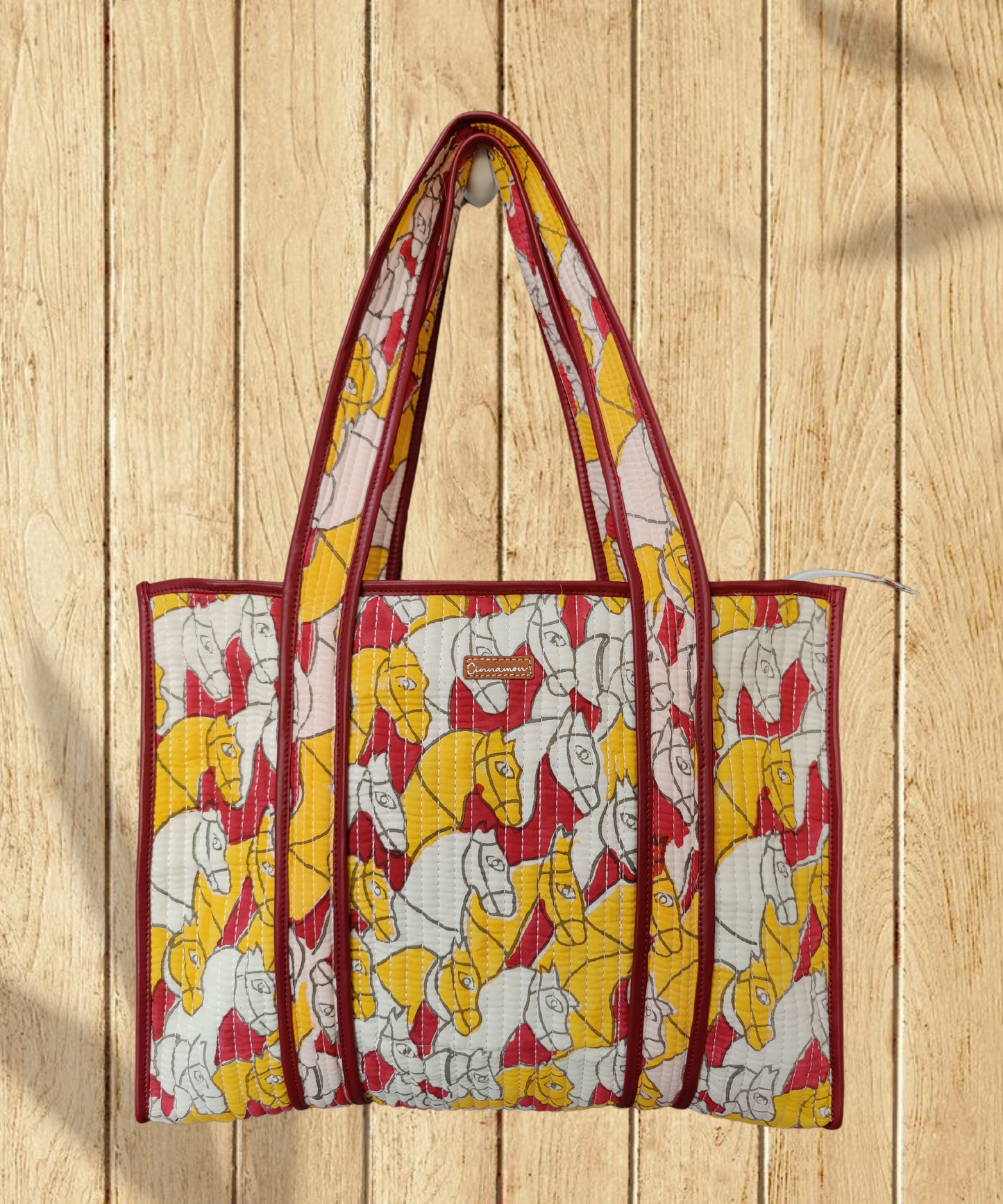 Horses Cotton Quilted Tote Bag with zipper