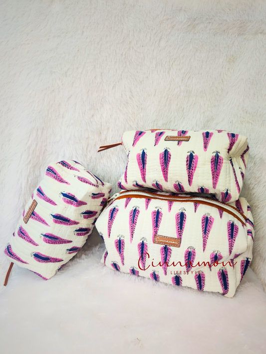 White Motif Cotton Quilted Pouches - Set of 3