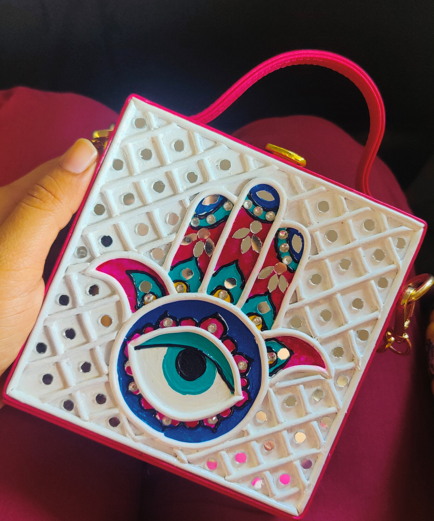Mini Hamsa Lippan Art Handcrafted Square Box Bag