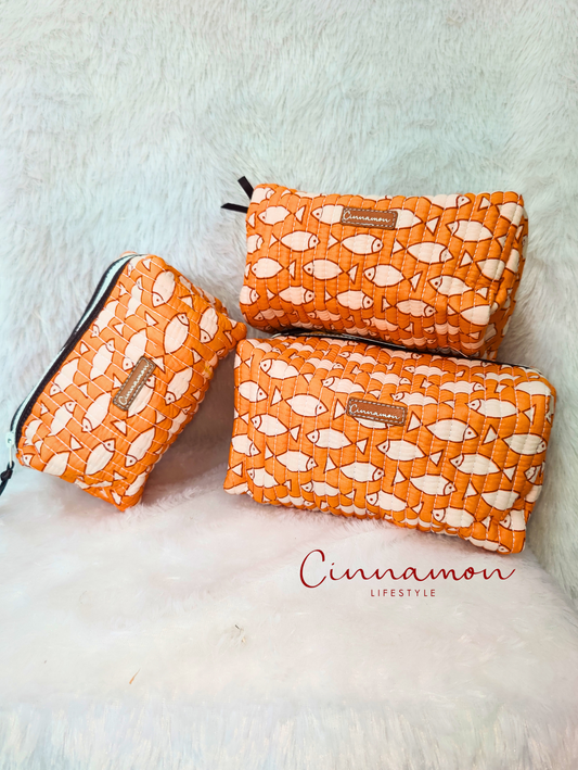 Orange Fish Cotton Quilted Pouches - Set of 3