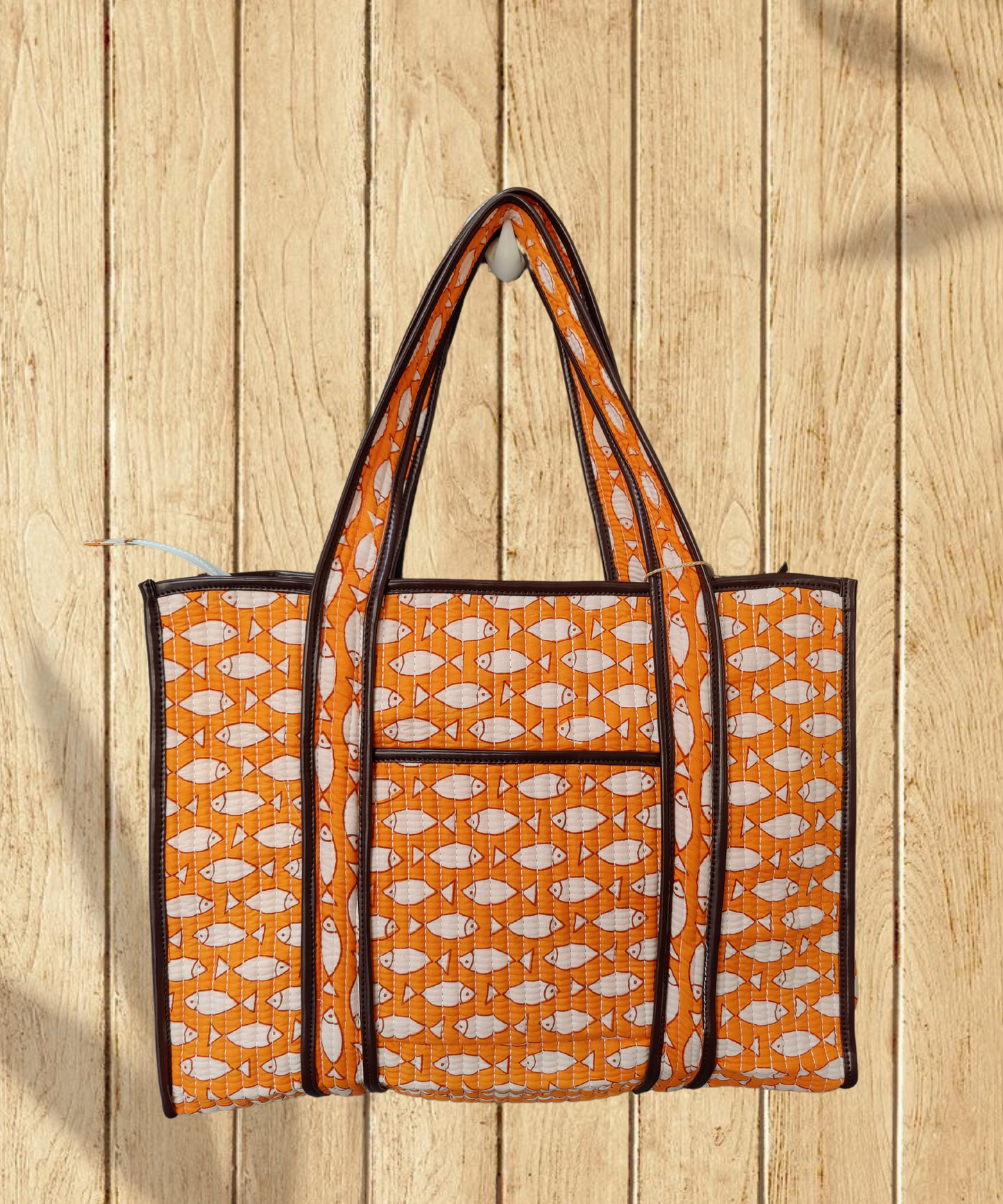 Fish Cotton Quilted Tote Bag with zipper