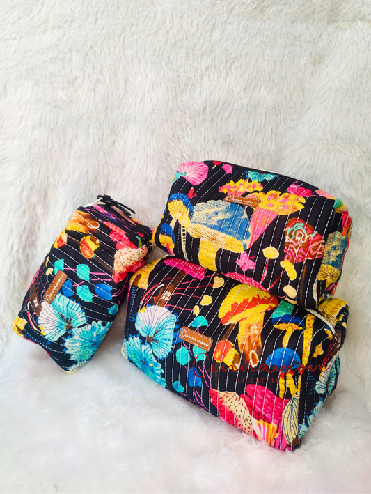 Black Mushroom Cotton Quilted Pouches - Set of 3