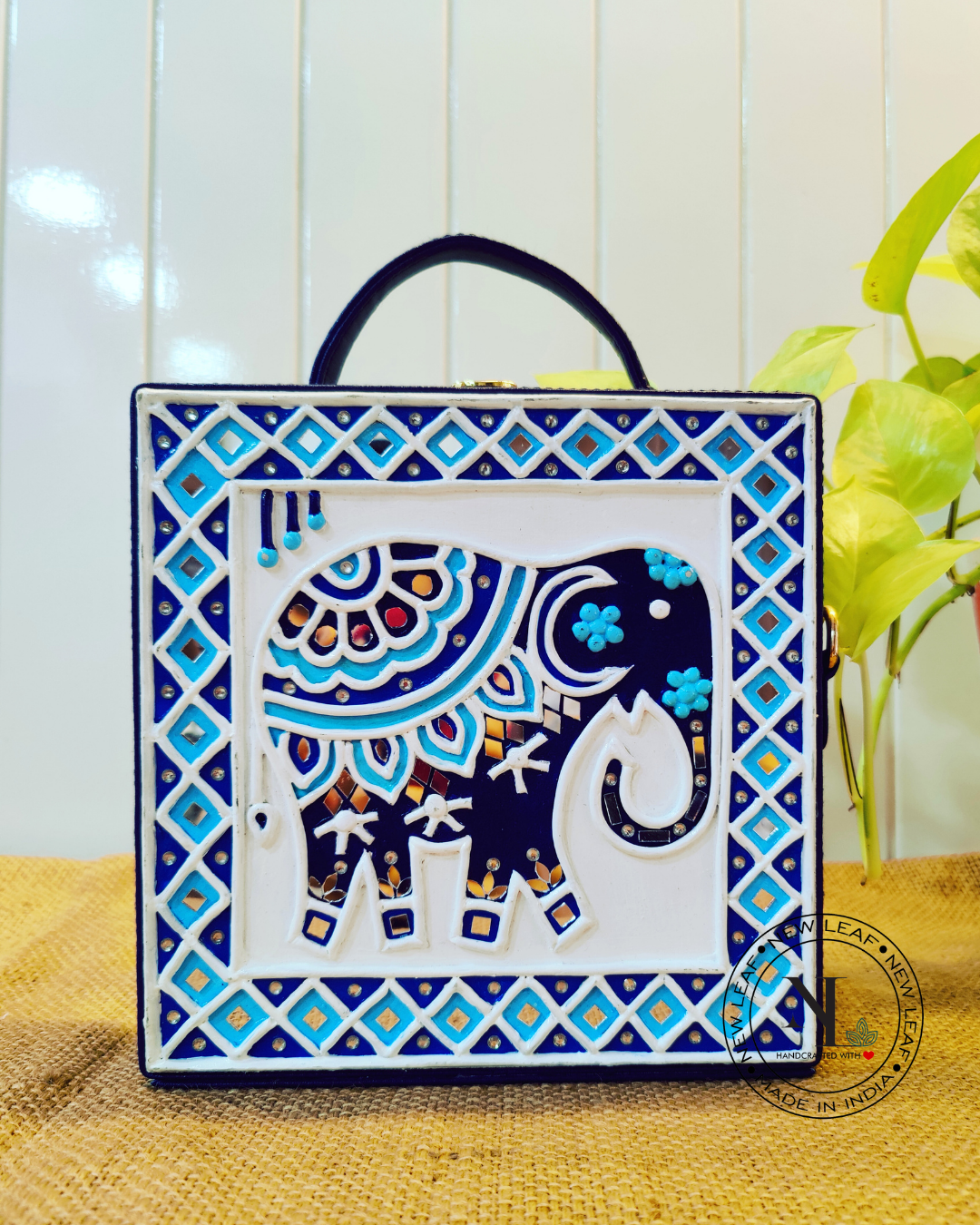 Elephant Lippan Art Handcrafted Square Box Bag