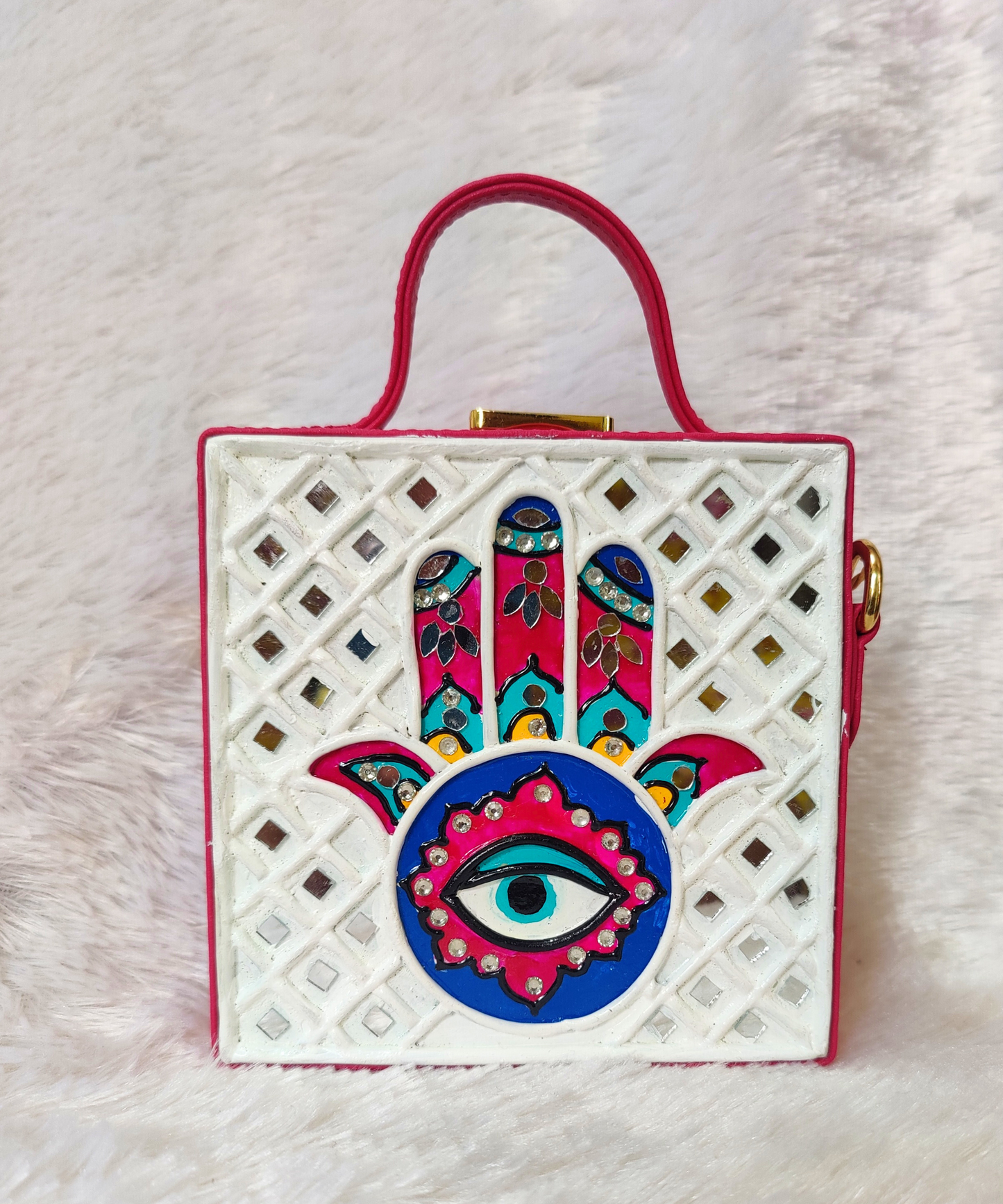Mini Hamsa Lippan Art Handcrafted Square Box Bag