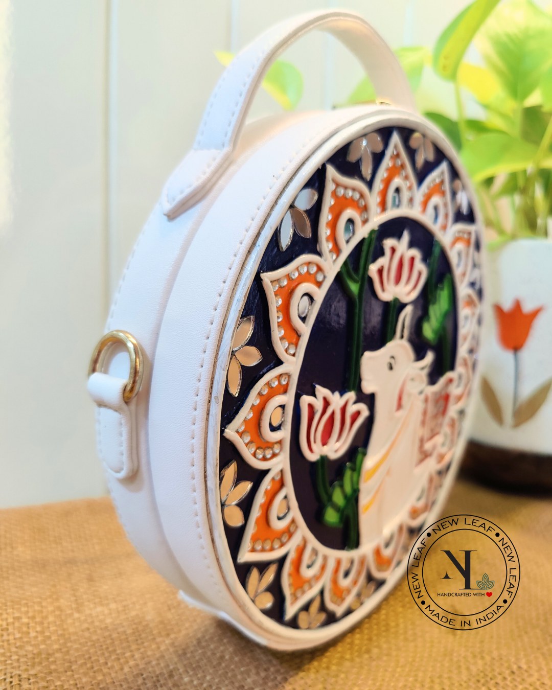 Cow Lippan Art Handcrafted Circle Box Bag