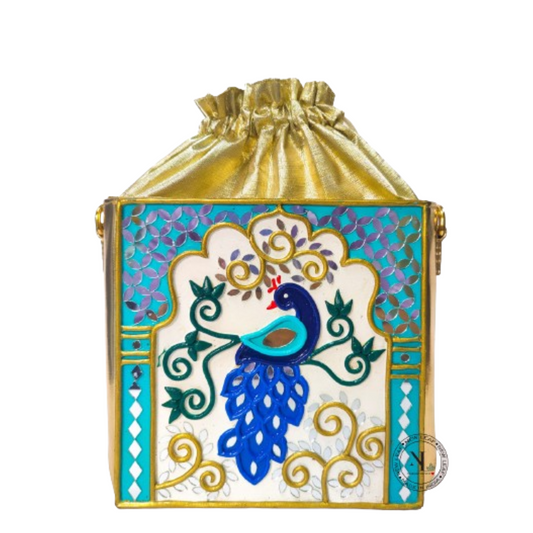 Peacock Lippan Art Box Bag with Potli and Sling