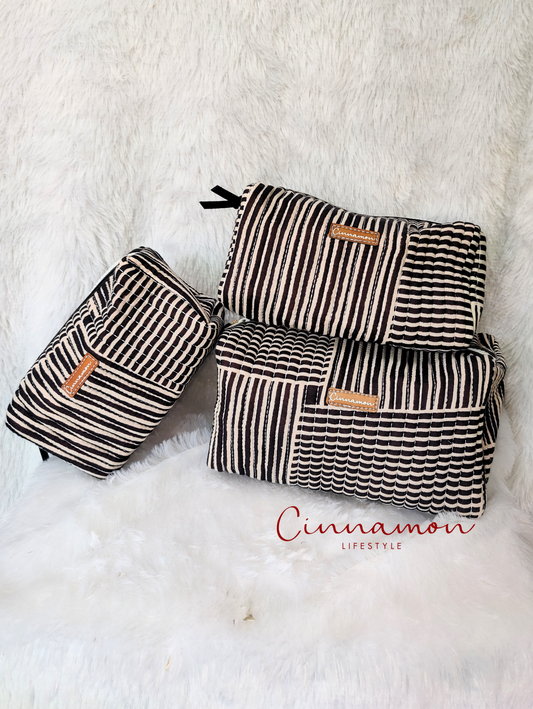Black Stripes Cotton Quilted Pouches - Set of 3