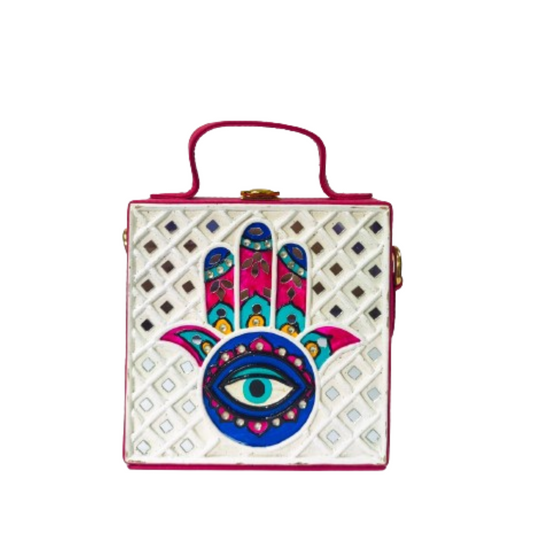 Mini Hamsa Lippan Art Handcrafted Square Box Bag