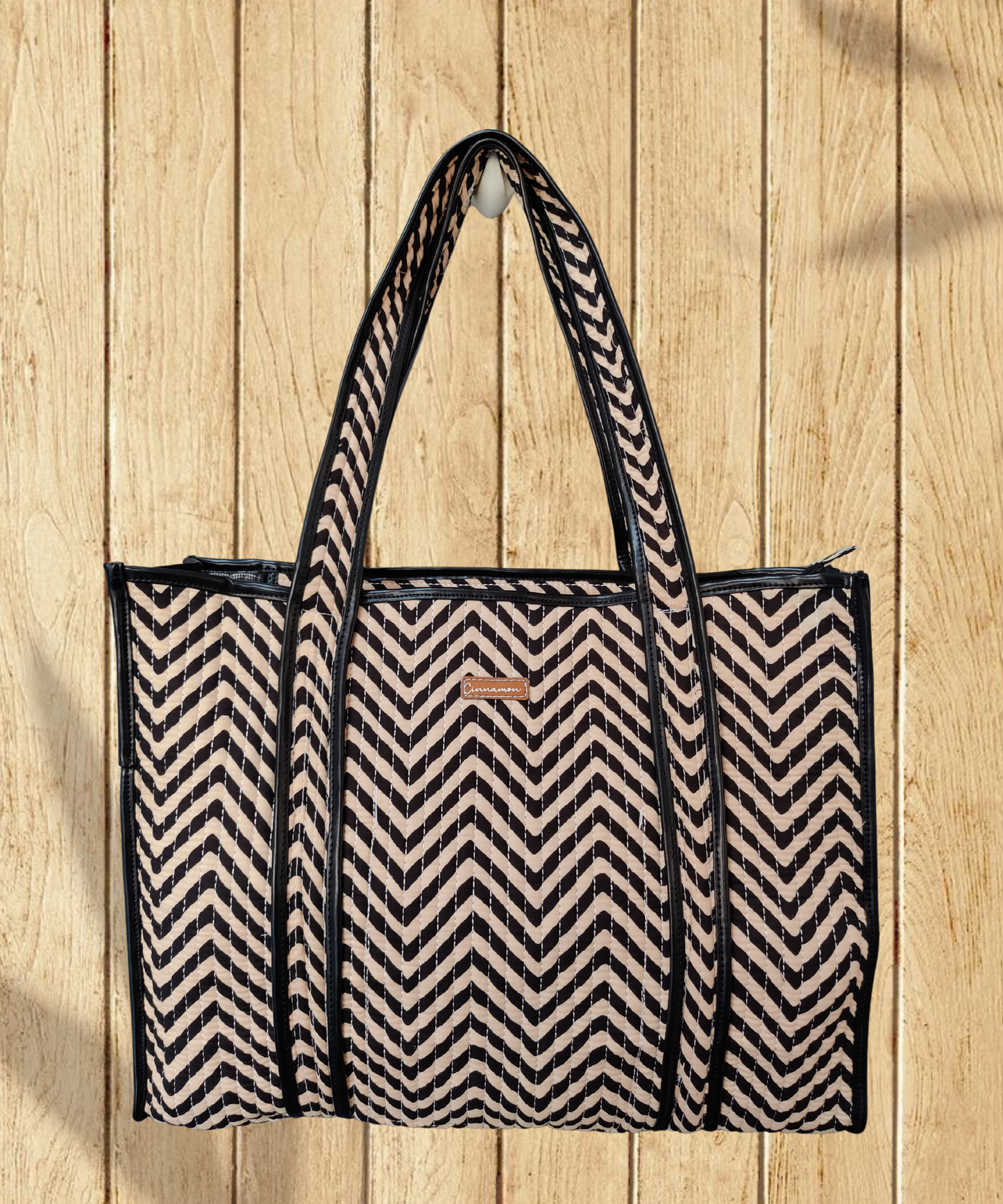 Zig Zag Stripes Cotton Quilted Tote Bag with zipper