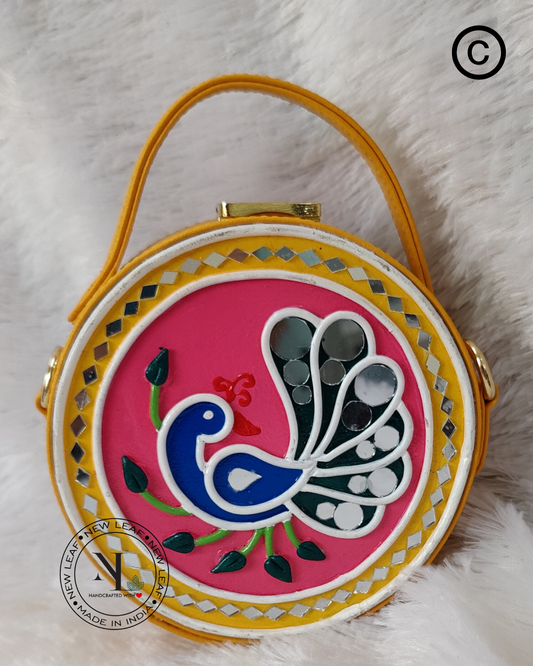 Mini Peacock Lippan Art Handcrafted Circle Box Bag