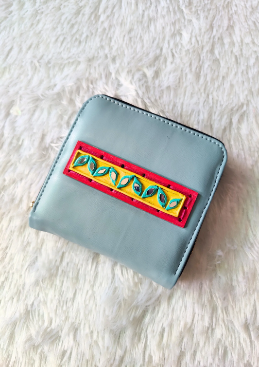 Light Blue Handcrafted Lippan Art Mini Wallet