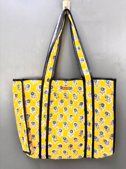 Yellow Floral Cotton Quilted Tote Bag