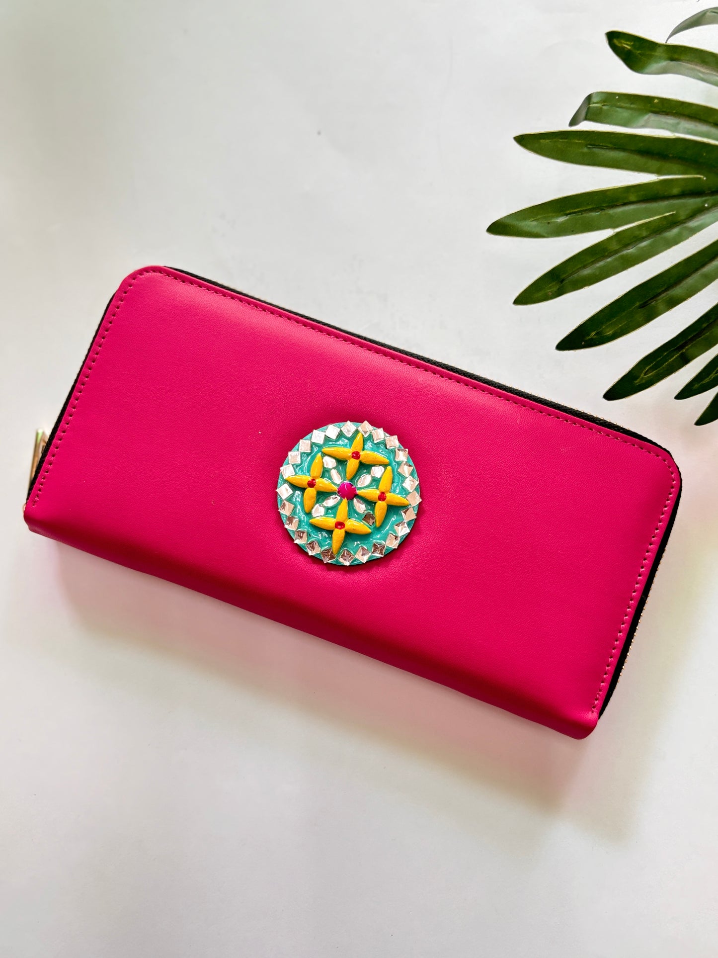 Desi Pink Handcrafted Lippan Art Wallet