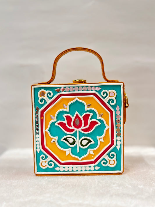 Mini Yellow Lotus Lippan Art Handcrafted Square Box Bag