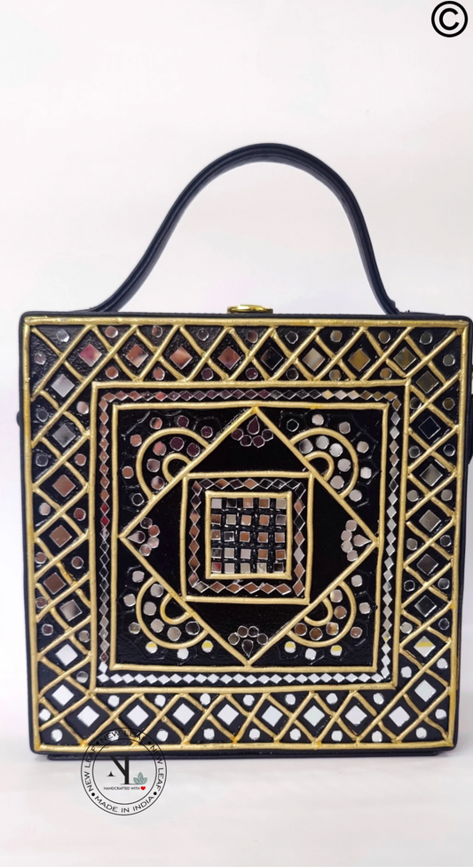 Geometric Black Gold  Lippan Art Handcrafted Box Bag