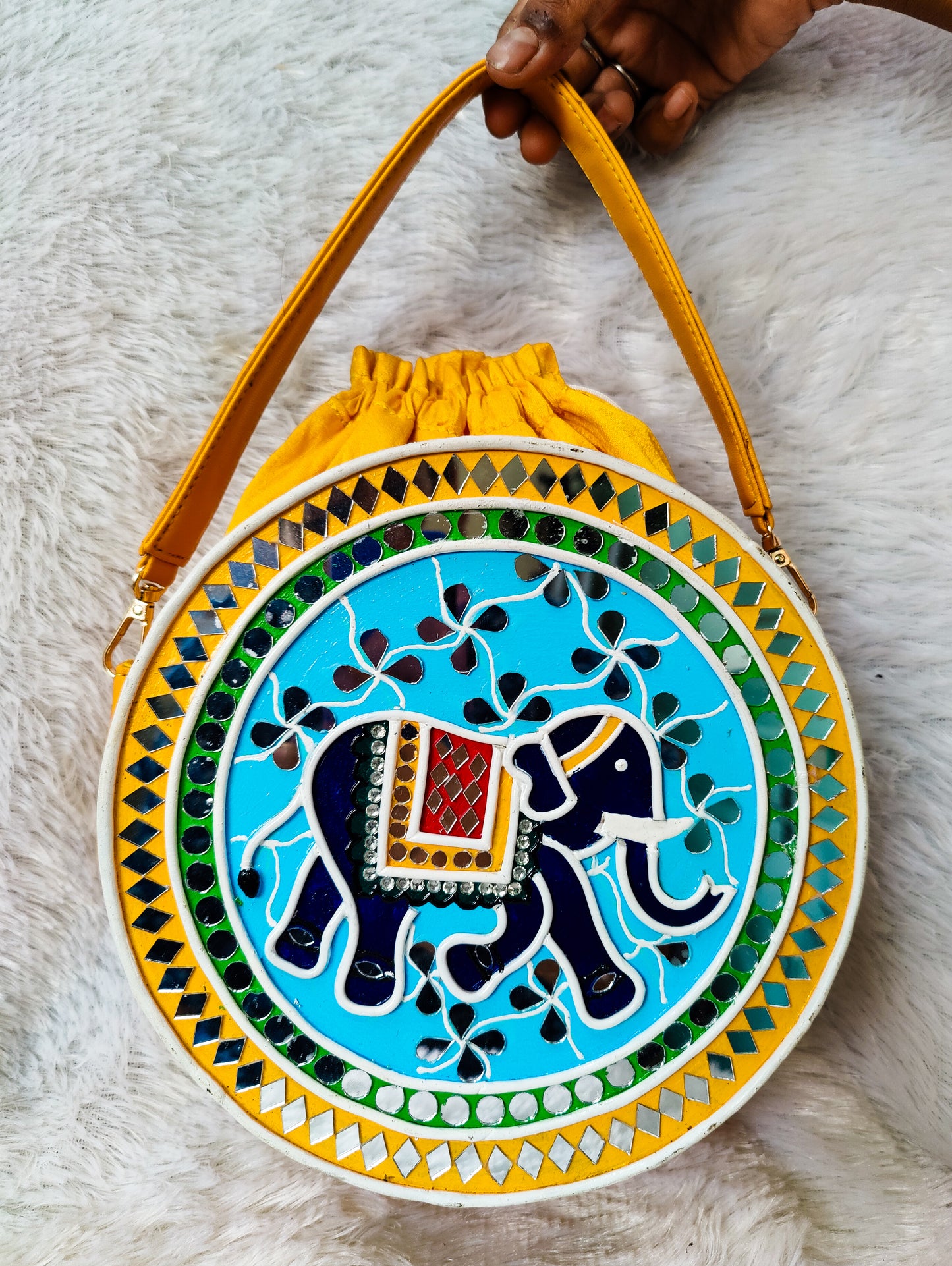 Indie Elephant Lippan Art Handcrafted Potli Bag with Sling