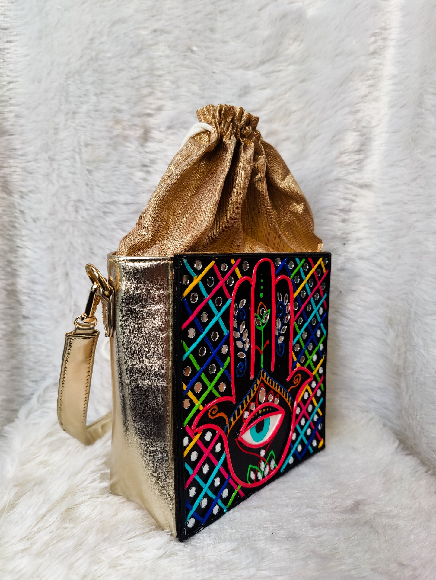 Hamsa Lippan Art Box Bag with Potli and Sling