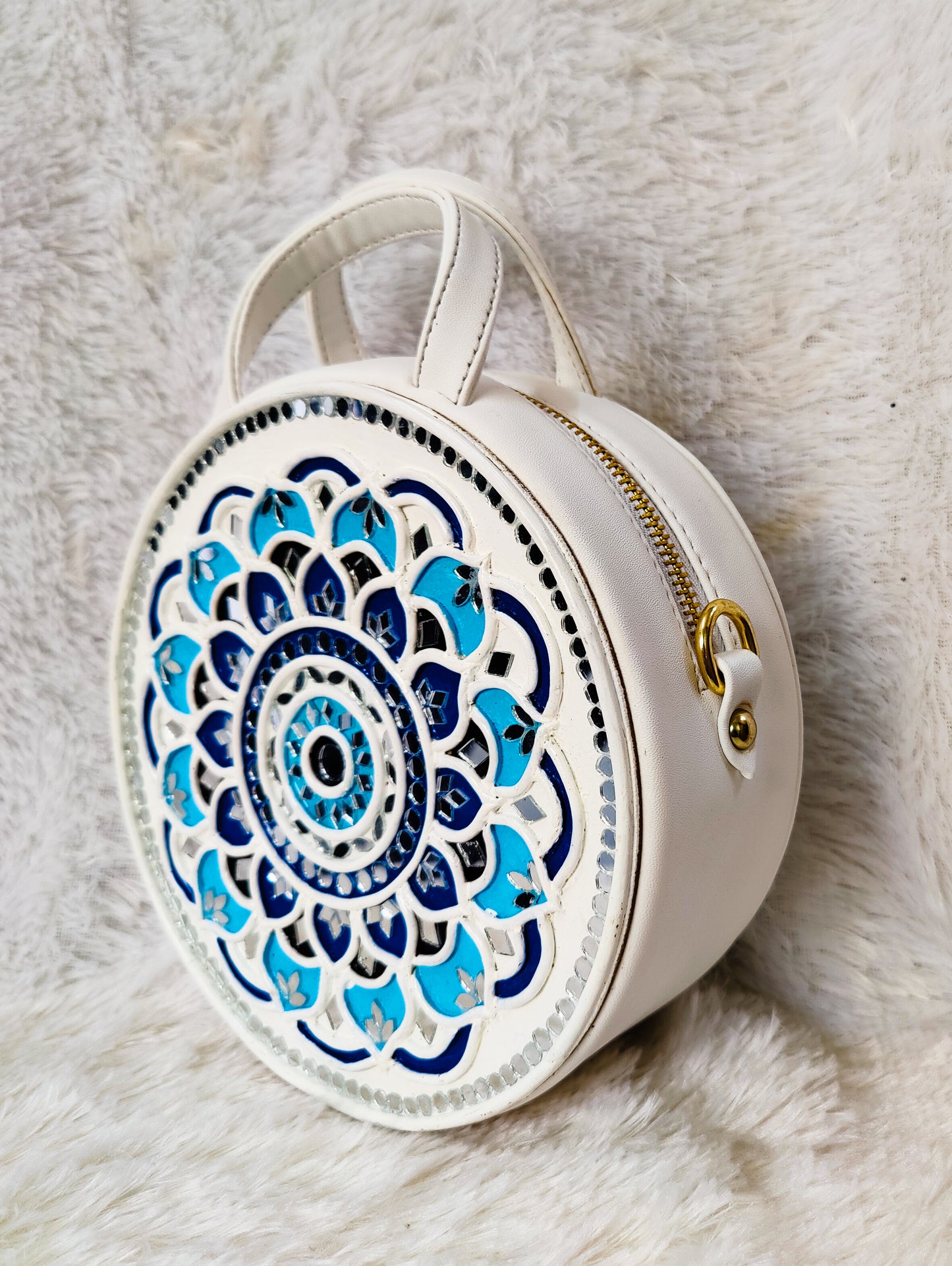 Mandala Lippan Art Blue Handcrafted Circle Box Bag with Zipper