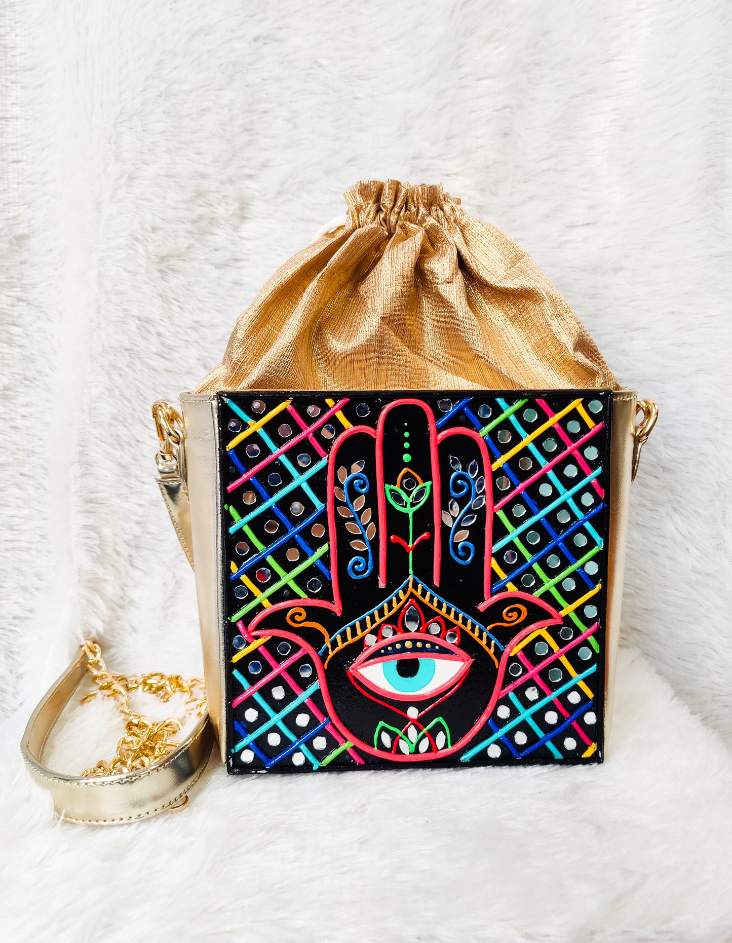 Hamsa Lippan Art Box Bag with Potli and Sling
