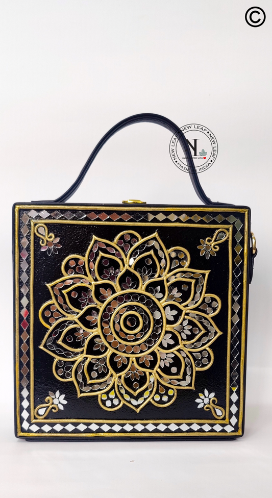 Mandala Black Gold  Lippan Art Handcrafted Box Bag