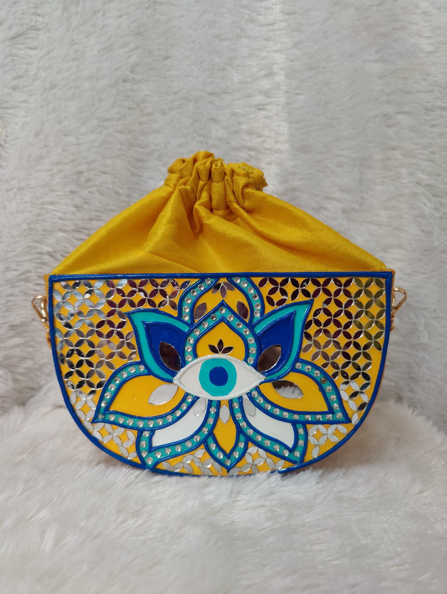 Evil Eye Semi  Circle Lippan Art Handcrafted Potli Bag with Sling
