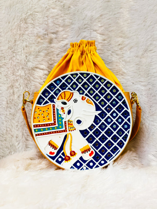Elephant Lippan Art Handcrafted Potli Bag with Sling
